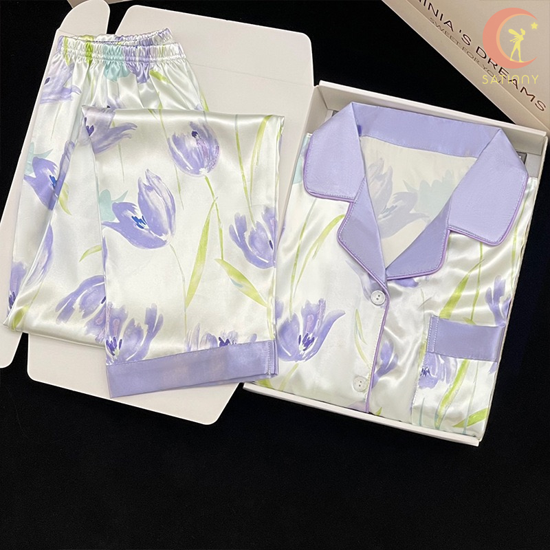 CK15 ชุดนอนSatinny ผ้าSilK Satin มีให้เลือกหลายไซส์ ชุดนอนเจ้าหญิง ระดับไฮเอนด์ แฟชั่นลายมาใหม ชุดนอนแขนยาว-ขายาว เนื้อน