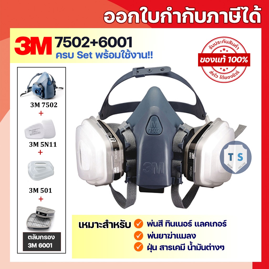 [ของแท้] 3M 7502 หน้ากากป้องกันสารเคมี ฝุ่นละออง งานพ่นสี พ่นยาฆ่าแมลง