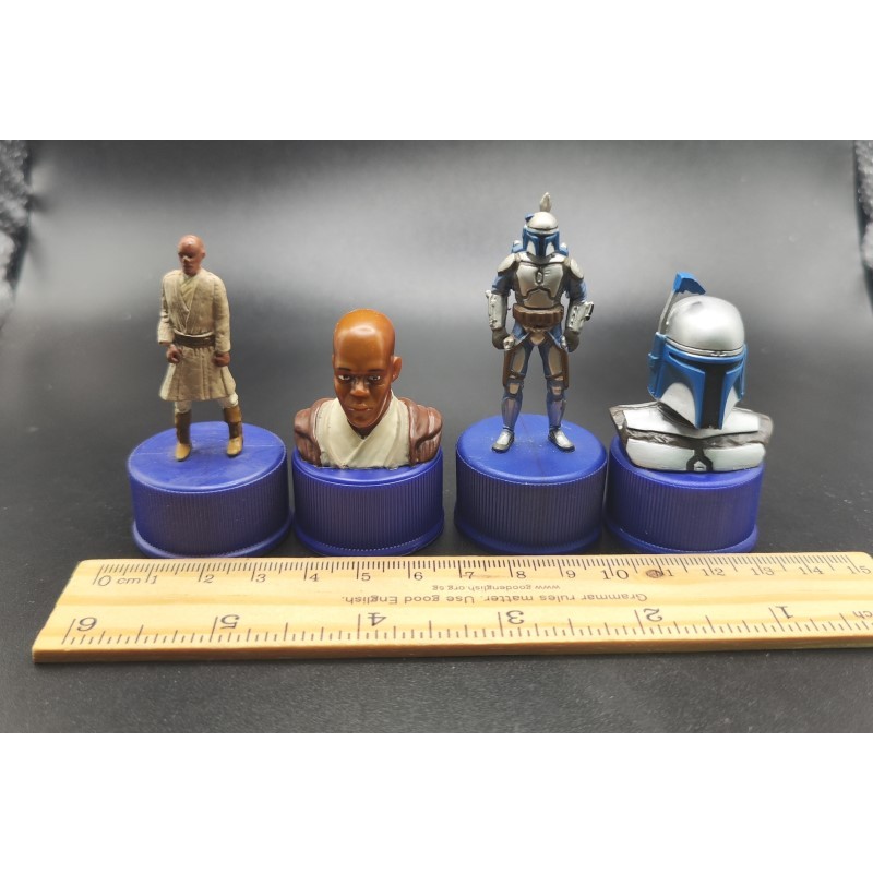 ฝาเป๊ปซี่ ฟิกเกอร์ สตาร์วอร์  ตัวหายาก JANGO FETT MACE WINDU Lot of 4 Star Wars Pepsi Head Bottle Ca