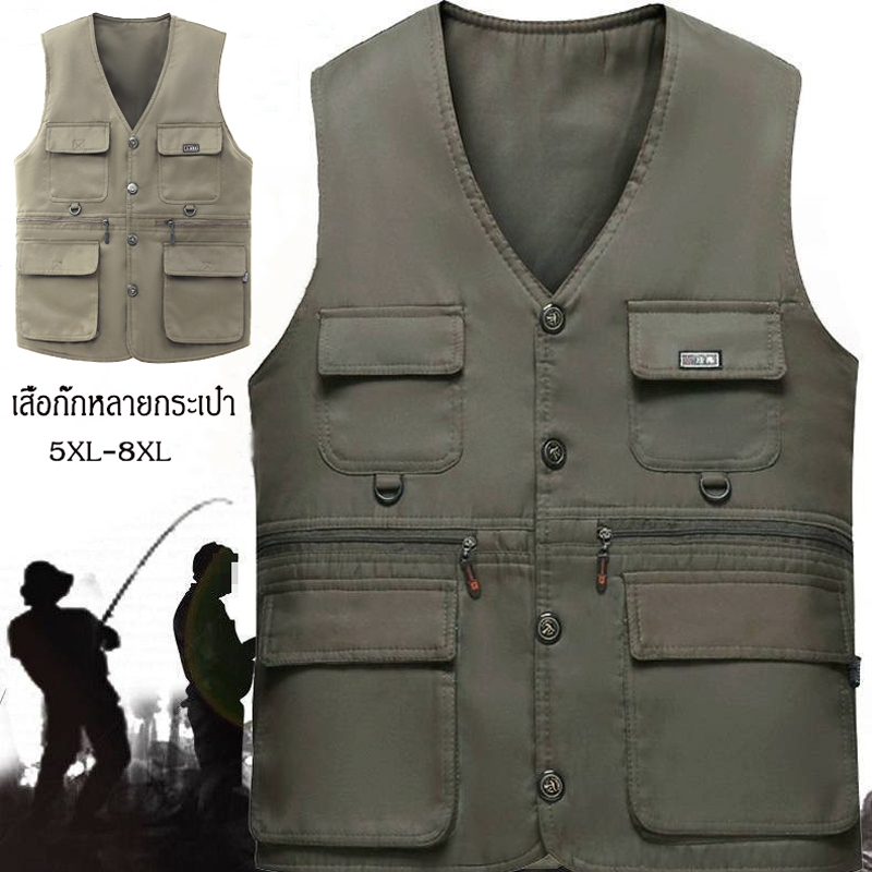 เสื้อกั๊กผู้ชายขนาดบวก เสื้อกั๊กย้อนยุคของ แบบมีกระเป๋าหลายช่อง (ปุ่ม) กลางแจ้ง ตกปลา ทุกวัน