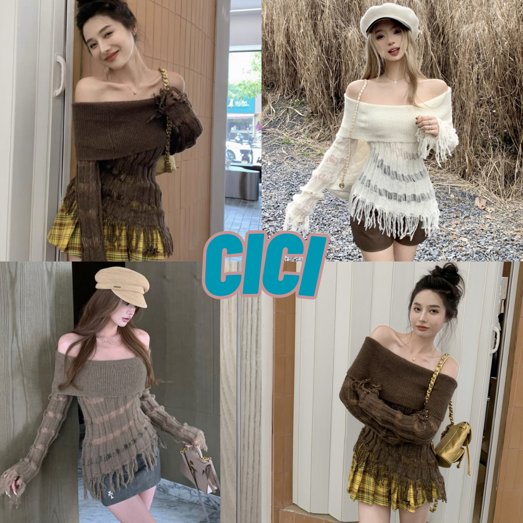 Cici(NO.Z845)เสื้อเเขนยาวปาดไหล่ ผ้าไหมพรม ดีเทลแต่งชายรุ่ยทั้งตัว เหมาะสำหรับแฟชั่นช่วงหน้าหนาว