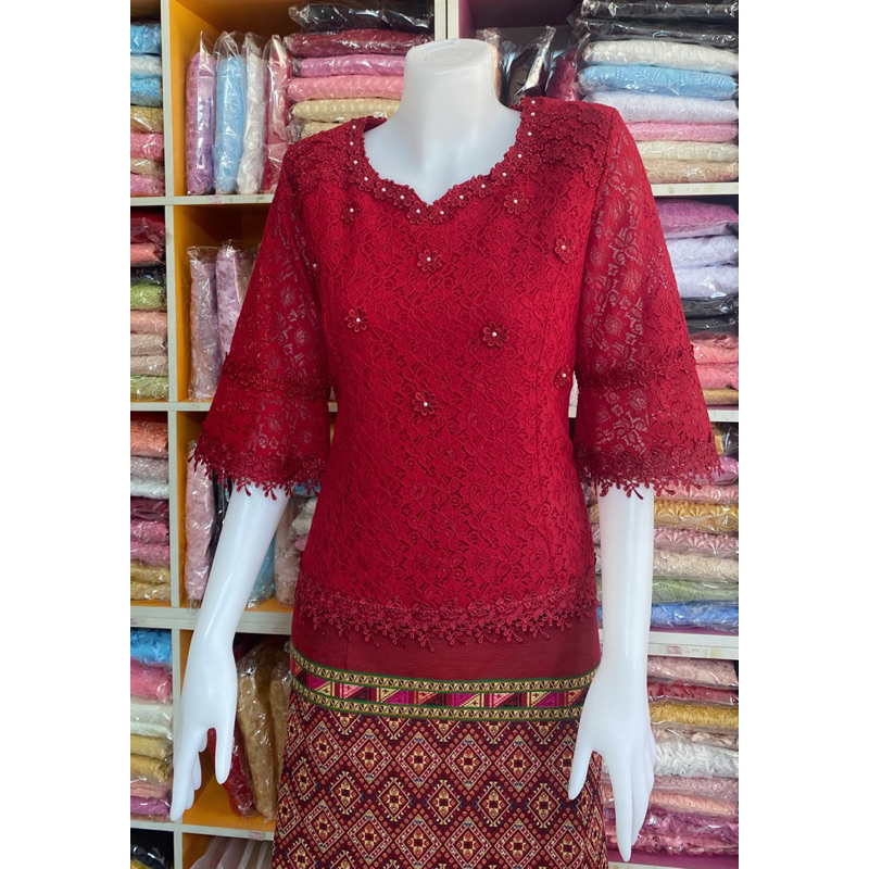 เสื้อลูกไม้ราเชลแขนสามส่วนซิปหลัง - รูปที่ 4