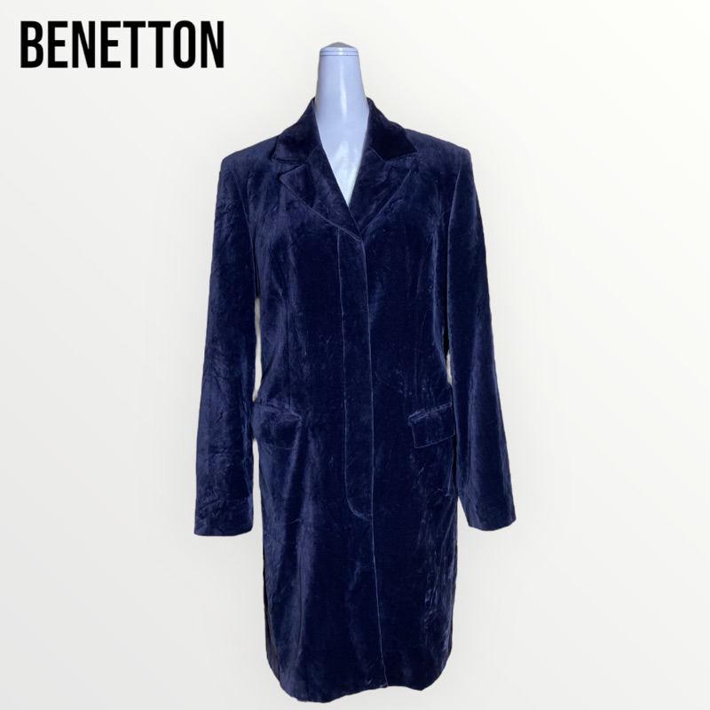 Benetton เสื้อโค้ทสีน้ำเงินแขนยาวผ้ากำมะหยี่