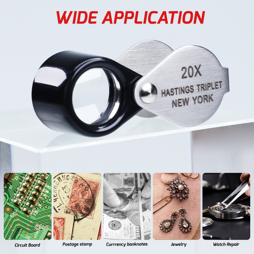 20x การขยาย Hasting เครื่องประดับ MINI Loupe แก้วแสง Triplet เลนส์สแตนเลสสตีลพับกระเป๋าแว่นขยายเครื่องมือแสตมป์และเหรียญ Hobbyists ช่างซ่อมนาฬิกา
