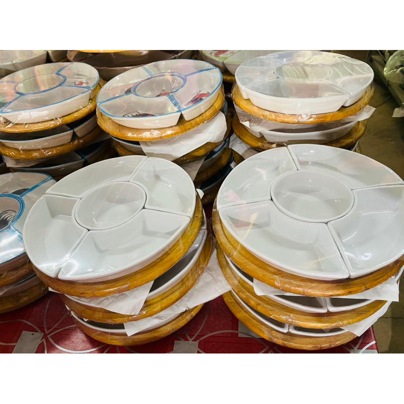 ถาดเซรามิค ถาดออเดิร์ฟหมุนได้ แบบ 5 ช่อง พร้อมถาดไม้หมุน เกรดA ตราไก่และสีขาวล้วน