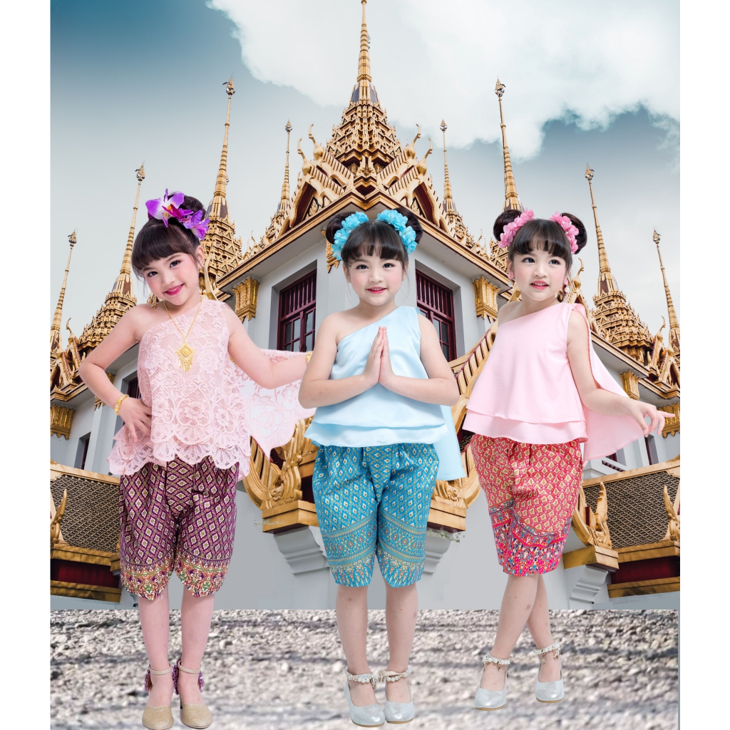 ชุดไทยเด็ก ไปโรงเรียน Sabaithai เสื้อลูกไม้มีสไบ โจงกระเบนสำเร็จลายไทย สไบไทย ไทยประยุกต์ ใส่ไปวัด ทำบุญ ลอยกระทง