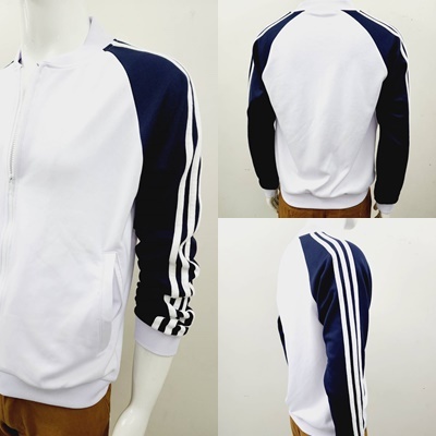 เสื้อแจ็คเก็ตผ้าวอร์มสีขาวไหล่สโลปกรมท่า 3 แถบผ้าระบายอากาศ ผ้าระบายอากาศ แขนจั๊ม ชายจั๊มงานโรงงานไทย