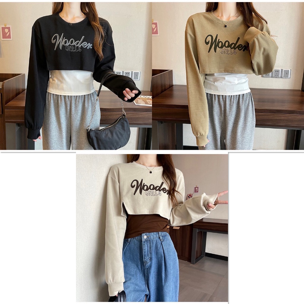 MKL พร้อมส่งเสื้อครอปไหมพรมแขนยาว คอกลม เสื้อกล้าม ใส่สบาย3สี #61628