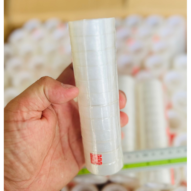 เทปใส เทปสายรุ้งกว้าง12มิล ยาว20หลา แกนพลาสติก (แพ็คละ12ม้วน)