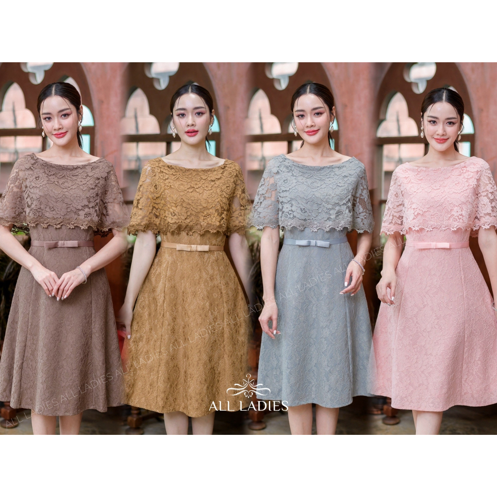 All Ladies เดรสคลุมไหล่เอวโบว์ ดีไซน์เรียบช่วยพรางต้นแขน คัดเกรดลูกไม้อย่างดี งานบวชออกงานงานแต่ง เดรสสวยๆ