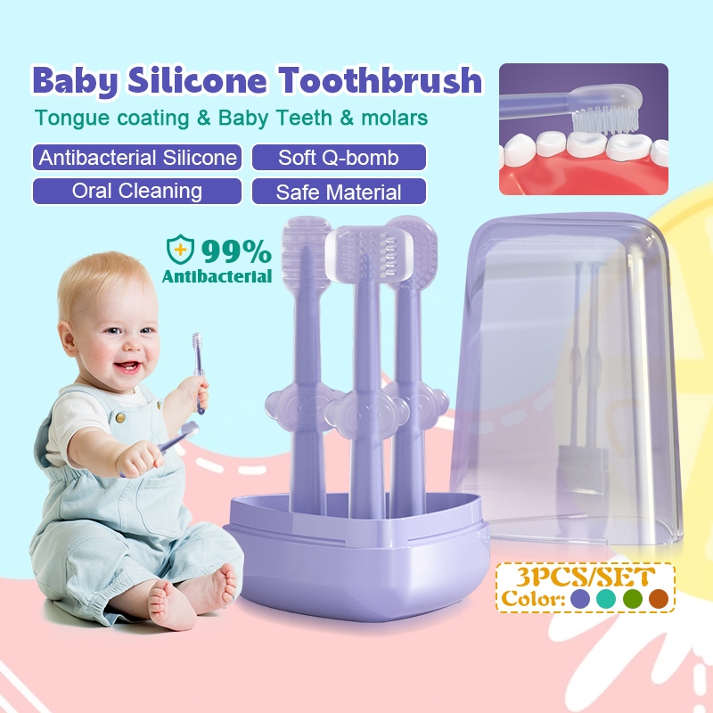 2ชิ้น/3ชิ้น ชุดแปรงสีฟันเด็ก แปรงลิ้นเด็ก ซิลิโคน แปรงทำความสะอาดลิ้นเด็ก พร้อมกล่องเก็บอย่างดี กันฝุ่นเข้า