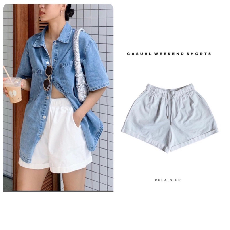 กางเกงขาสั้นสีขาวผ้าคิตตอนทวิล จากร้านPPLAIN.P เอวยางยืดมีเชือกรูด ผ้าเนื้อดีอยู่ทรง ปลายคาไม่แคบ เอ