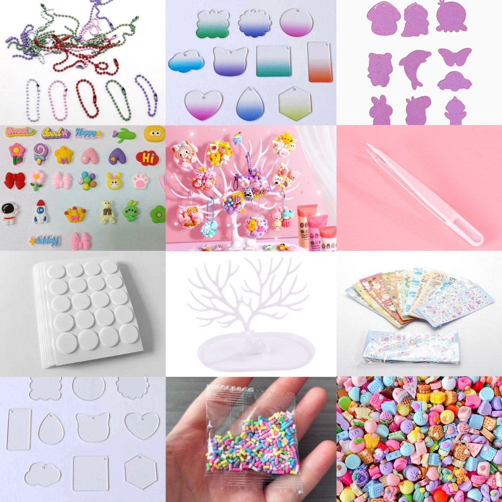 พวงกุญแจ diy แผ่นอะคริลิคใส,กิ๊ฟติดผม,สติ๊กเกอร์,โซ่ไข่ปลา,ที่คีบ,วิปครีม,กาวจุด,เกล็ดน้ำตาล,เรซิ่น,เขากวาง