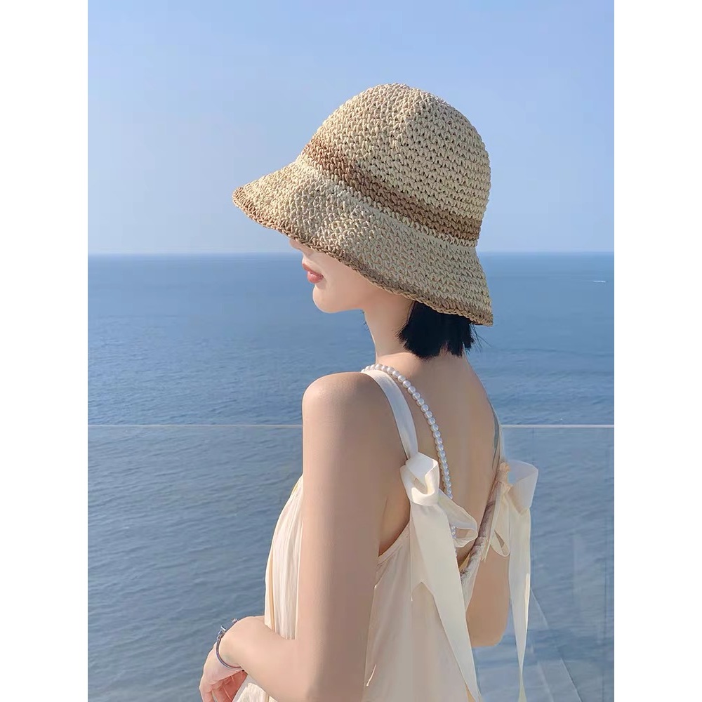 209 หมวกบักเก็ตถักผู้หญิง ทรงบัคเก็คแบบปีกกว้าง ขอบขดดัดได้ พับเก็บได้ สินค้าพร้อมส่งจากไทย