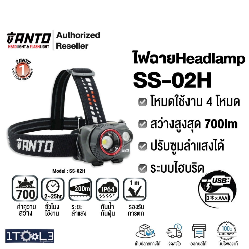 ไฟคาดหัว 700ลูเมนส์ TANTO SS-02H รีชาร์จหรือใช้ถ่านอัลคาไลน์ได้ (ระบบไฮบริด) ปรับซูมลำแสงได้ น้ำหนักเบา