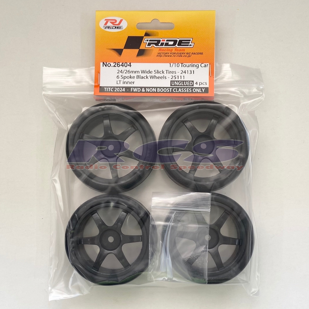RJ-RIDE 26404 1/10 Touring car 24/26mm slick tires (#24131) with 6 spoke black wheels (#25111) LT inner ยังไม่ได้ติดกาว