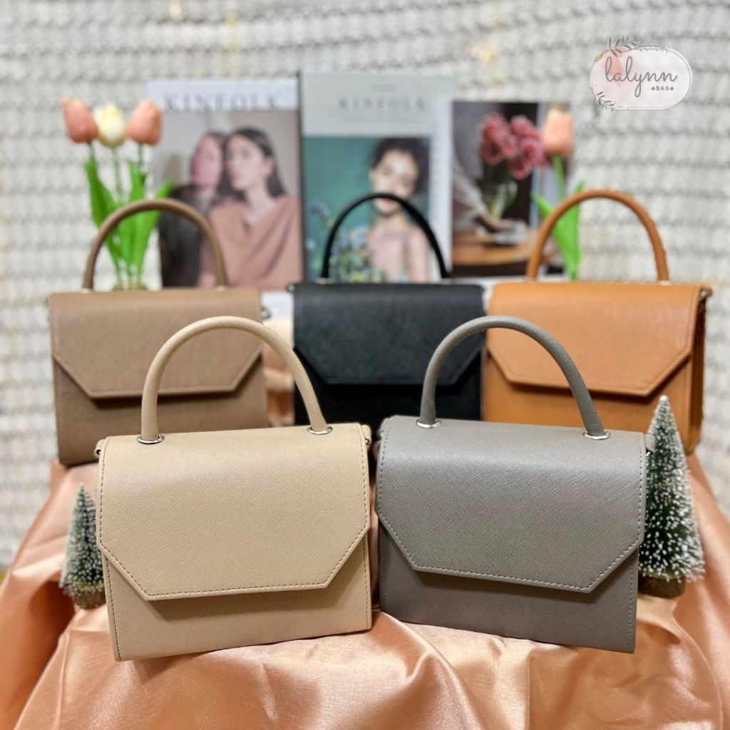 (Lalynn) กระเป๋าสะพายข้าง ทรงกล่อง หน้า 6 หลี่ยม สีล้วน เรียบหรู น่ารักมาก