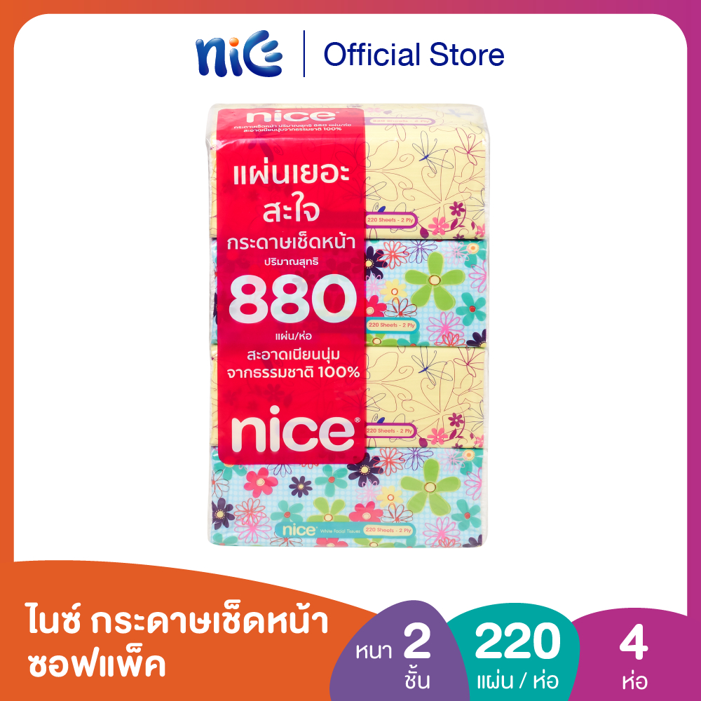 Nice ไนซ์ ซอฟท์แพ็ค กระดาษเช็ดหน้า 220แผ่น แพค 4 ห่อ (ทิชชู่ กระดาษทิชชู่)