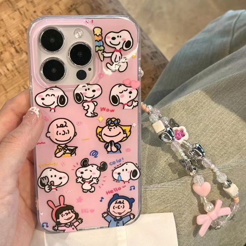 จัดส่งภายใน24ชม สไตล์สร้อยข้อมือ การ์ตูน สนูปปี้ iphone 11 14 15 pro max ป้องกันการหล่น สีชมพู case for iPhone 12 13