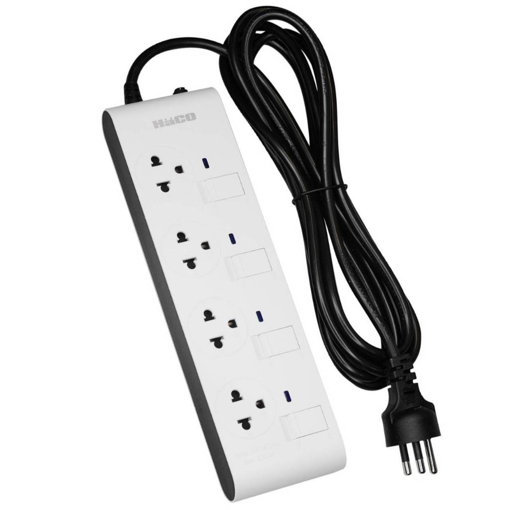HACOปลั๊กรางเต้ารับ 3 ขา 4 ช่อง มีสวิตช์คุมแยก ยาว 3 ม. 10 แอมป์ 2300W EJ-4S4EB/3,EJ-4S4EB/3-CC(สีขาว,สีช็อคโก)