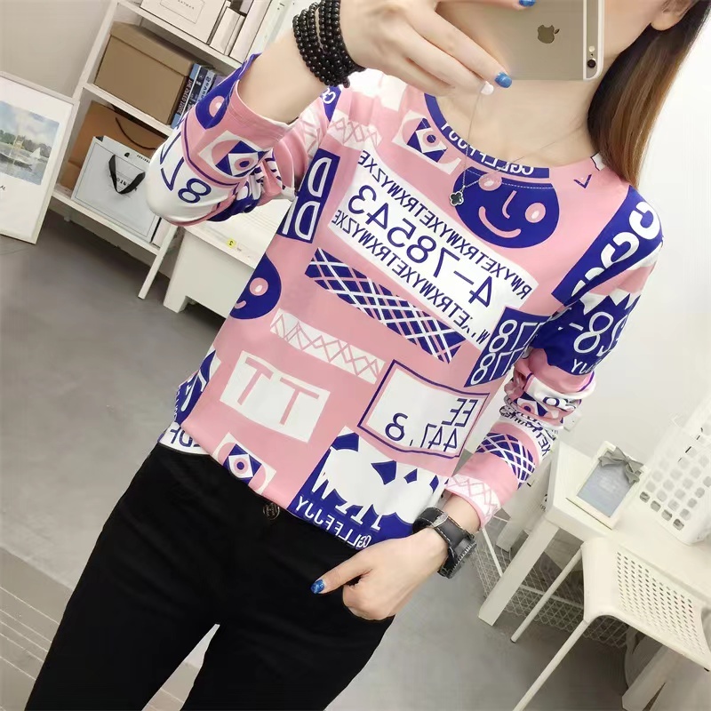 932# เสื้อยืดแขนยาว เสื้อผ้าแฟชั่นผู้หญิง สินค้าลายใหม่ ลายยิ้ม ผ้านิ่มใส่สบาย