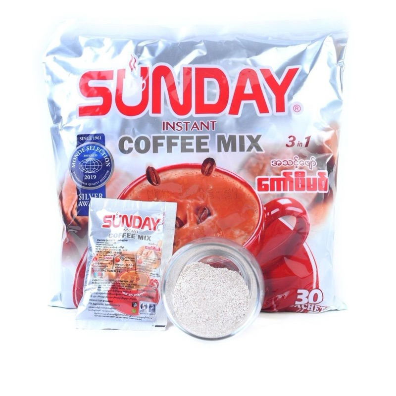 mala.shopeซันเดย์ ลาเต้ กาแฟพม่า3in1 Sunday Coffee Mix กาแฟสำเร็จรูป 1 ห่อ 750กรัม บรรจุ 30ซอง x25gMyanmar coffee 缅甸咖啡