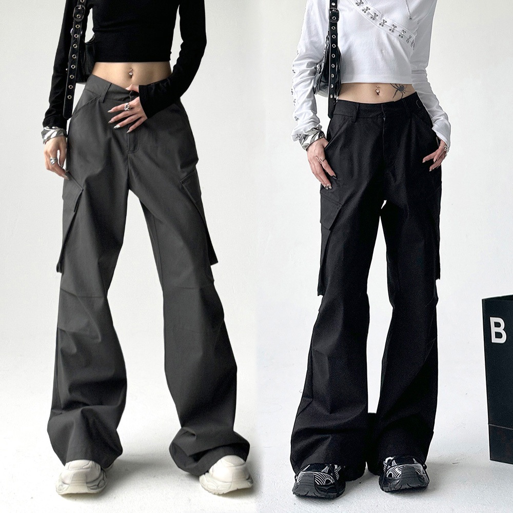 cherryshop กางเกงขายาว สีดำเอวสูงcargo pants หลวมสตรีทสไตล์ฮิปฮอปกางเกงคาโก้