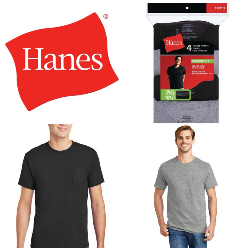 Hanes ของแท้ เสื้อยืด คอกลม แขนสั้น มีกระเป๋า นำเข้าจากอเมริกา