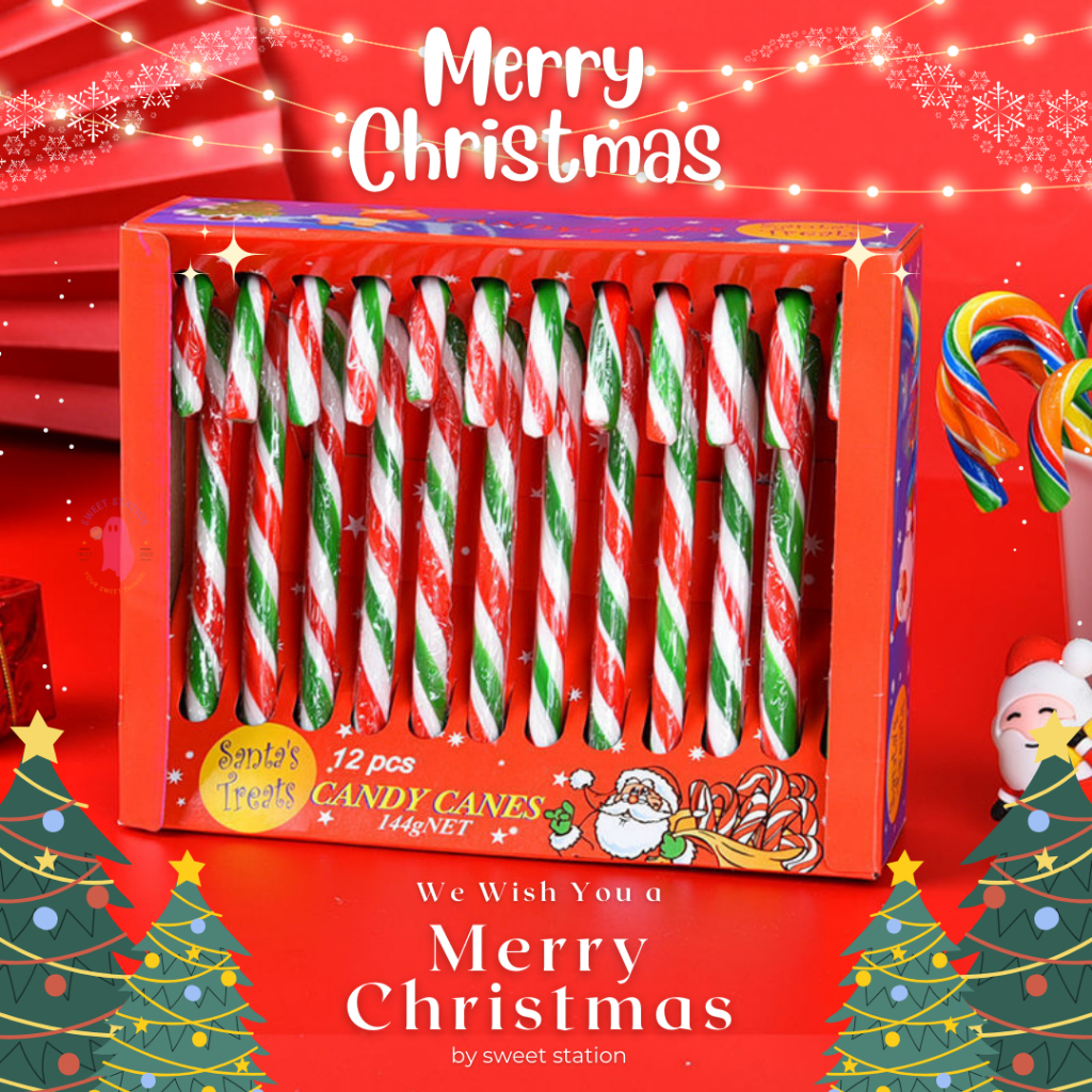 [แพ็ก12ชิ้น] ลูกกวาดไม้เท้า แบบยาว คริสต์มาส Christmas Candy Cane มี3รสชาติ อมยิ้มคริสมาสต์ ขนมเทศกาล ลูกอมผลไม้
