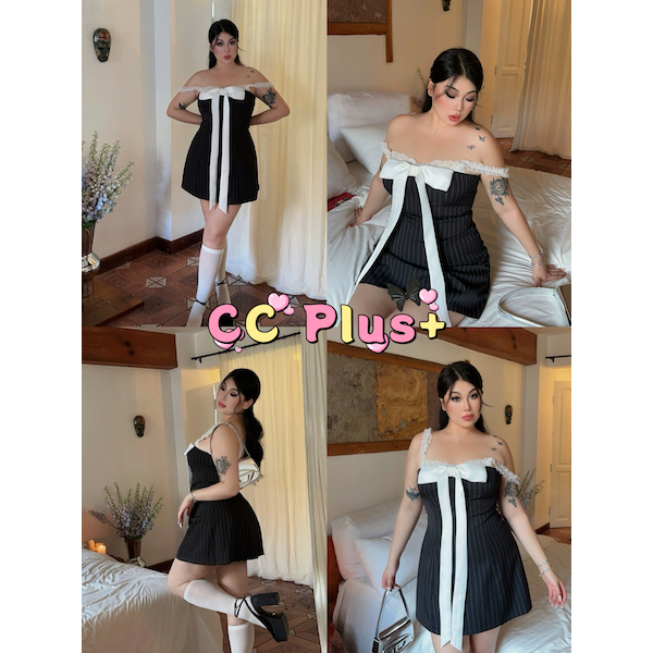 CiCi Plus+(3161) ชุดเดรสเปิดไหล่ ลายทาง ประดับโบว์ เข้ารูปเซ็กซี่ ฉบับสาวพลัสไซส์