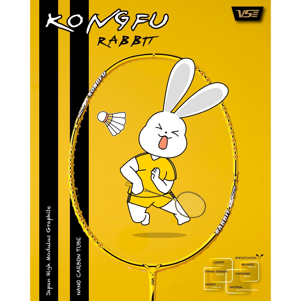 ไม้แบด VS รุ่น Kongku Rabbit “กังฟู แร็บบิท” โดดเด่นด้วยลุค สีเหลืองสีเดียวกับชุดกังฟู ตัดด้วยลวดลายสีดำ ฟีล ซ่า บ้าพลัง