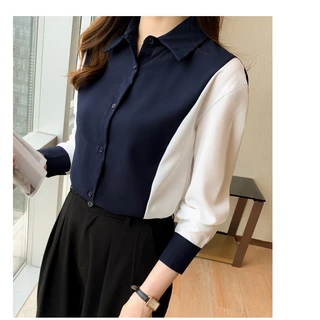 เสื้อเชิ้ตทำงาน สาวอวบ แขนยาว สีกรม สีฟ้า สีดำ คาดขาว มี 3 สี สไตล์เกาหลี