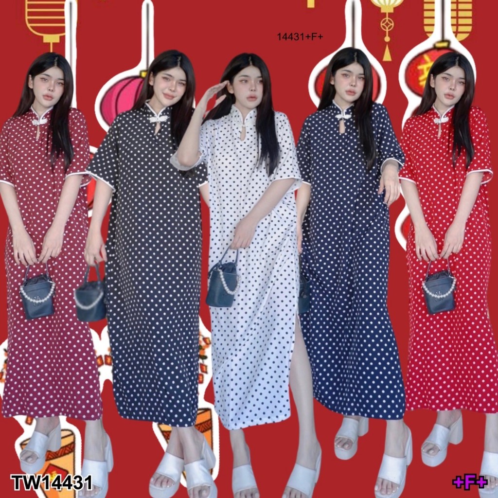 TwinsShopVip พร้อมส่ง TW14431 เดรสยาวคอจีนลายจุด SALE
