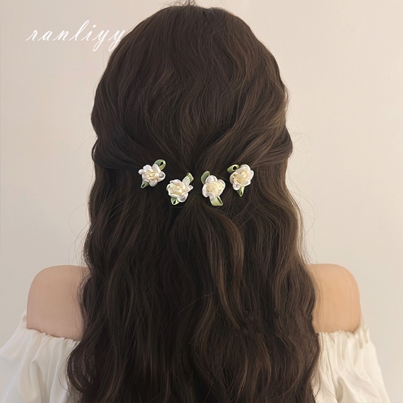 ส่งเร็ว กิ๊บติดผมลายดอกไม้สีขาวหรูหราเกาหลีแฟชั่นหน้าม้าคลิปด้านข้างย้อนยุคมินิหางม้าเครื่องประดับผมสำหรับผู้หญิง-Ranliy