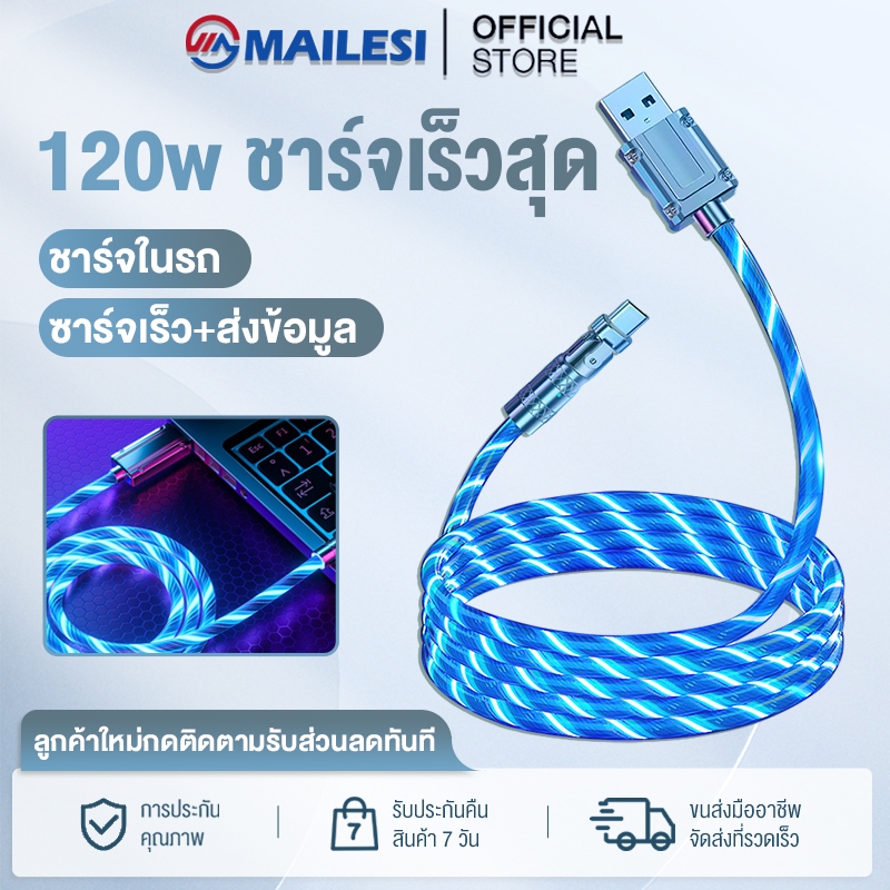 สายชาร์จเรืองแสง 120W สายชาร์จ usb ชาร์จเร็ว 180°แบบหมุนได้อย่างรวดเร็ว Fast Charge รองรับ i0s Type C Micro ทุกรุ่น