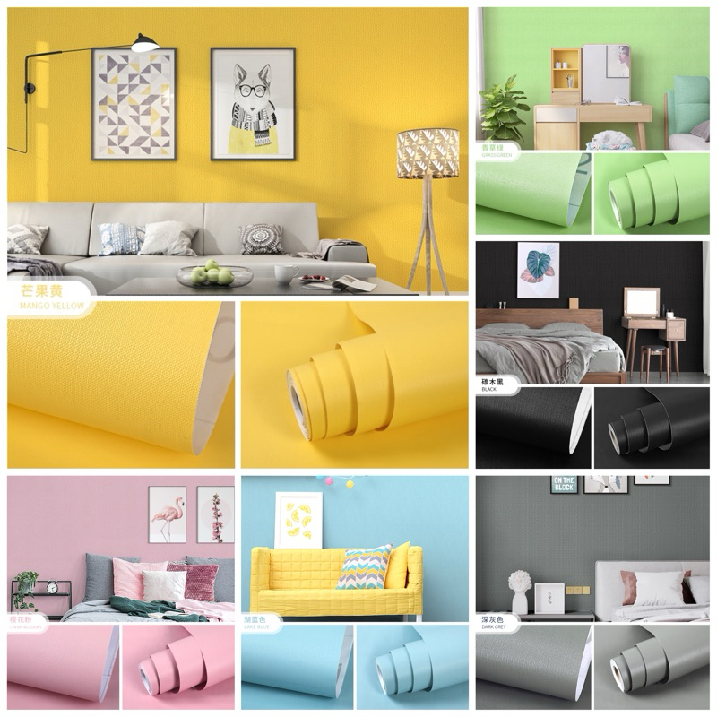 สีล้วน มีหลายสีค่ะ วอลล์เปเปอร์ติดผนัง แบบมีกาวในตัวติดเองได้เลยจ้า