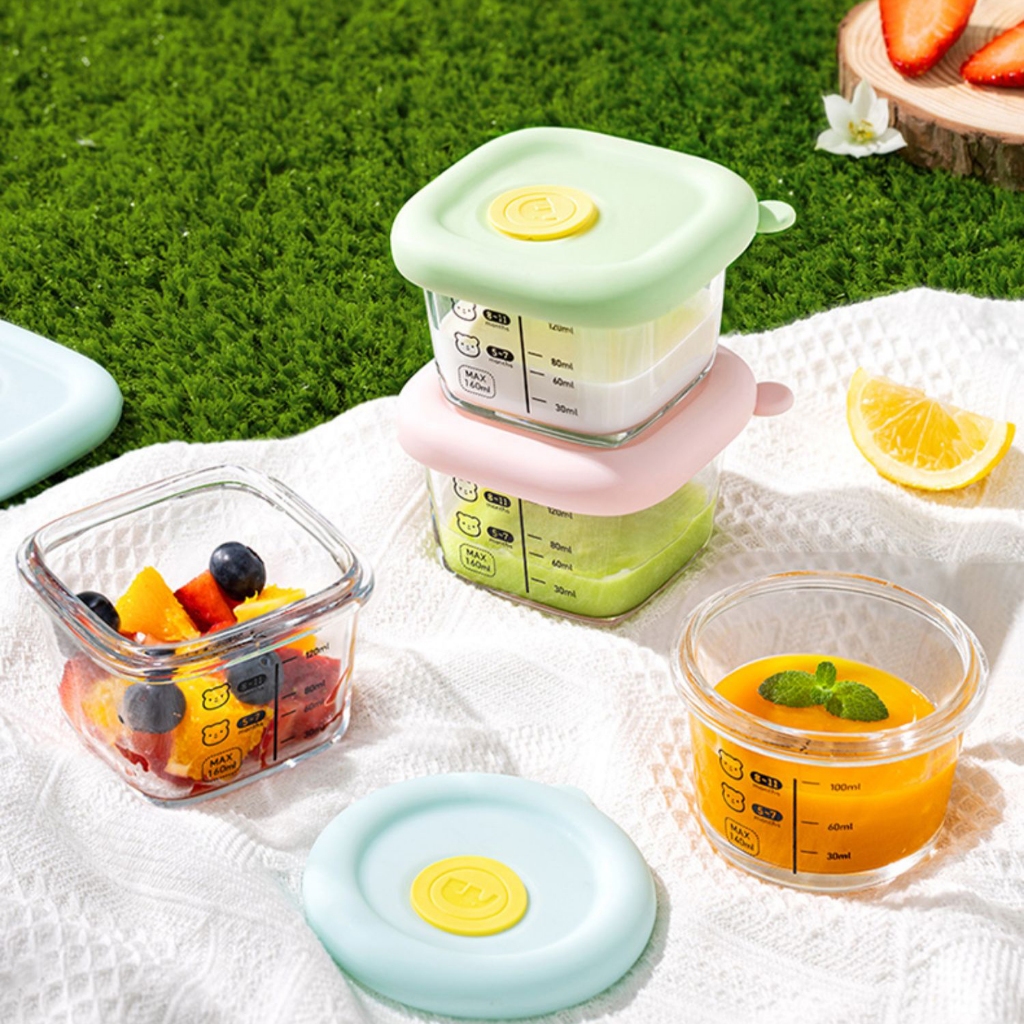 กล่องข้าว กล่องอาหารเด็ก เซต3ใบ กล่องอาหาร แช่ฟรีซ แก้วนมเด็ก นึ่งได้ กล่องแก้ว เข้าไมโครเวฟ ถ้วยอาหาร พร้อมฝาปิดซิลิโคน