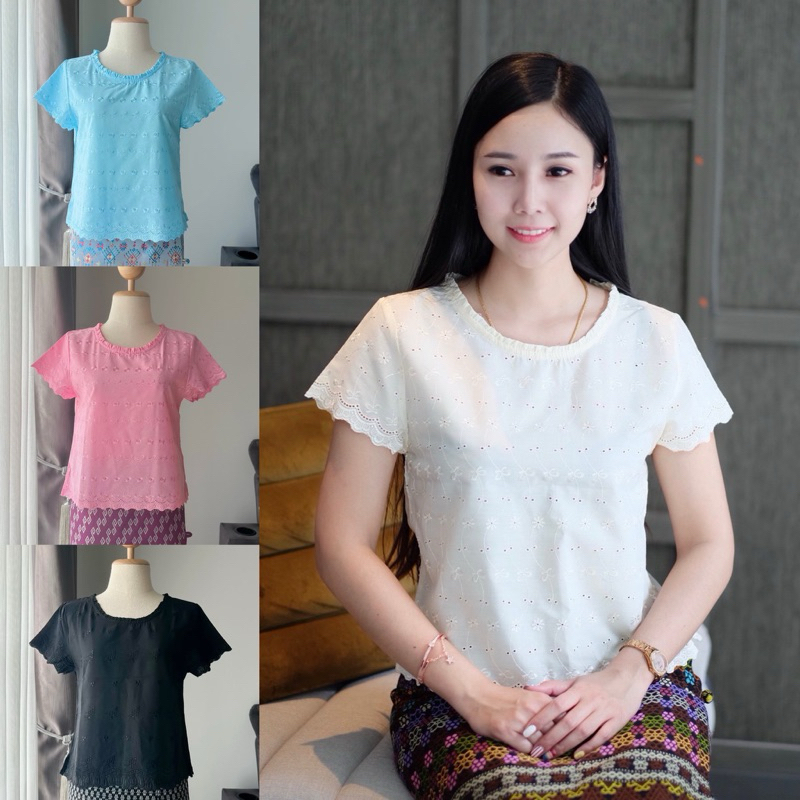 เสื้อลูกไม้คอปาดซิปข้างแขนสามส่วนระบาย มีไซส์ 34“-48”