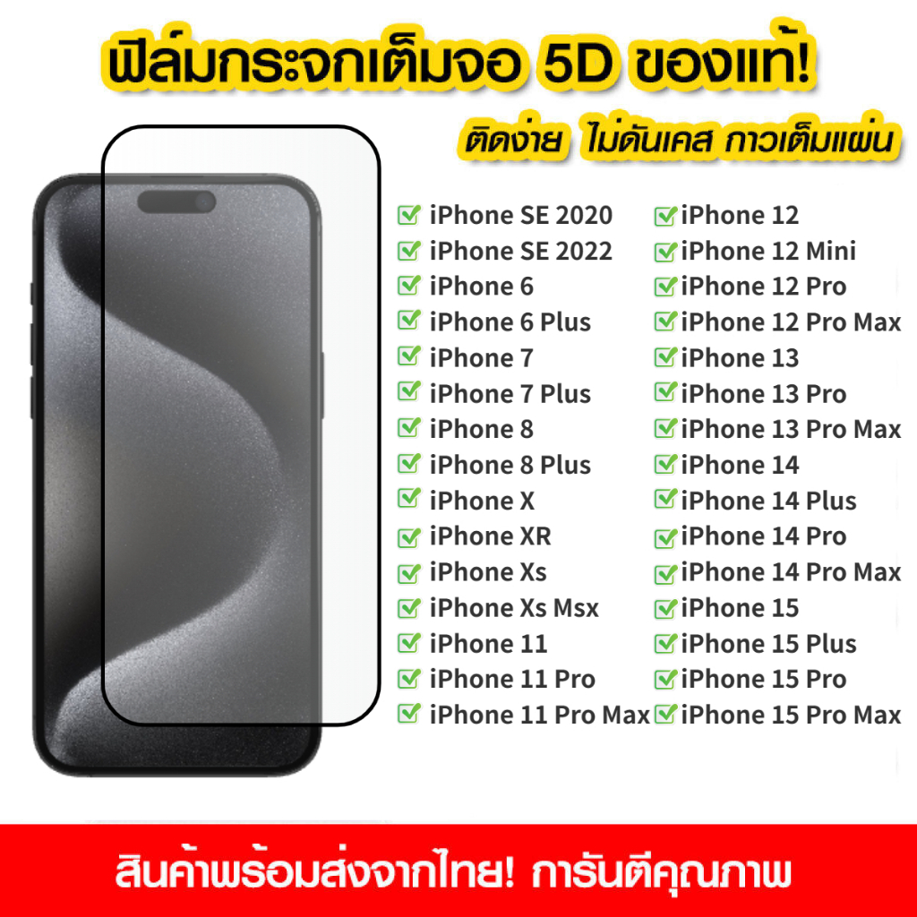 ฟิล์มกระจกนิรภัย For iPhone 16 15 Pro Max 16e 14 Plus 13 12 Mini 11 Xs XR 8 7 6 6s SE แบบเต็มจอ 5D กาวเต็มแผ่น