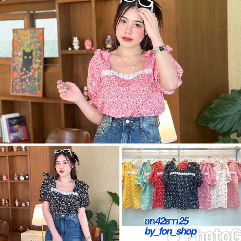 เสื้อผ้าไหม100 D พิมพ์ลายดอกแต่งลูกไม้อกทรงผูกไหล่