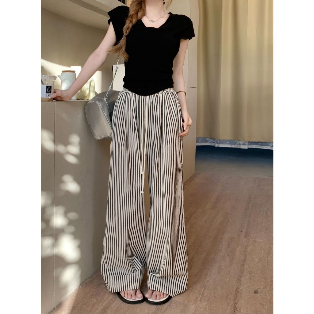 กางเกงขายาว กางเกงเอวสูง ลายทาง มีเชือกที่เอว เหมาะกับเสื้อทุกสไตล์ #150162