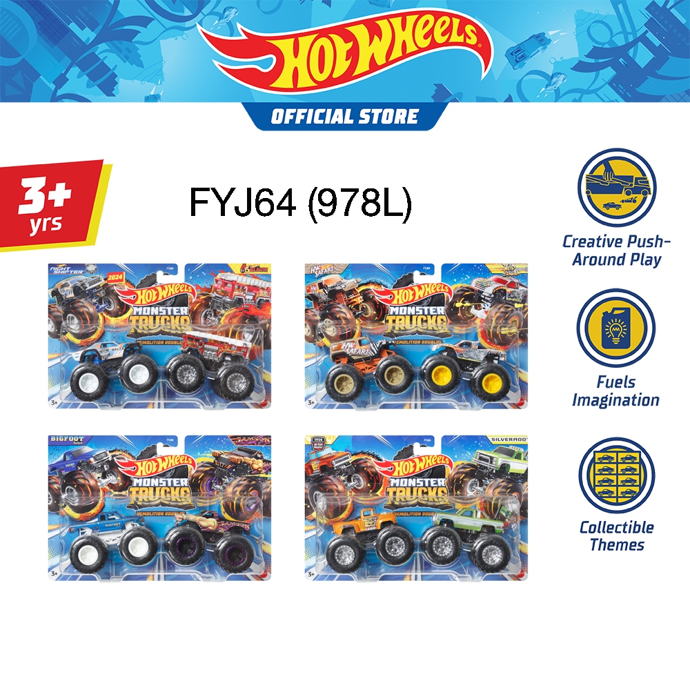 Hot Wheels Monster Trucks 1:64 Scale Demolition Doubles Trucks ฮอตวีล มอนสเตอร์ทรัคส์รถขนาด 1:64 แพ็กคู่ FYJ64 (978L) TH