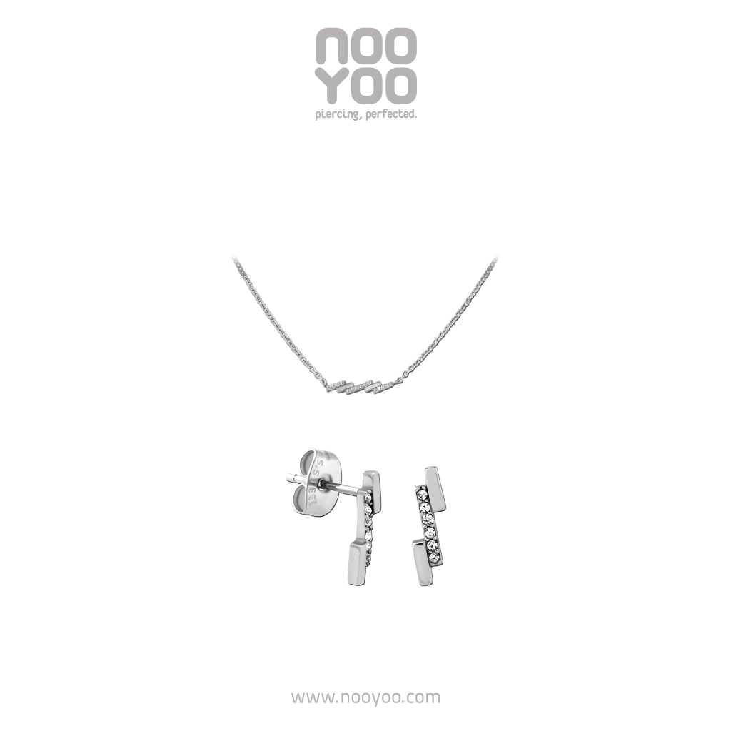 NooYoo เซ็ตสร้อยคอและต่างหู OBLIQUE LINE with CZ Set Surgical Steel