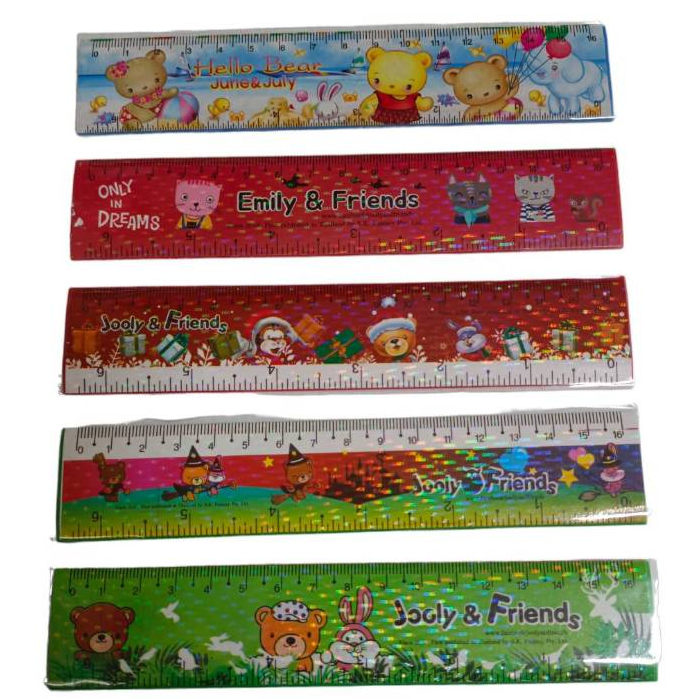 ไม้บรรทัด หนาแบบสั้น ลายการตูนสติ๊กเกอร์เลเซอร์ มีสูตรคูณ แบบคละลาย 12 ชิ้น