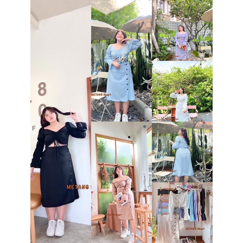 ชุดเซ็ท2ชิ้น เสื้อ+กระโปรง เสื้อแขนยาวรูดหน้าใส่แบบปิดไหล่หรือปาดไหล่ได้+กระโปรงยาวผ่าหน้าสม๊อคหลัง กระดุมใช้งานได้จริง