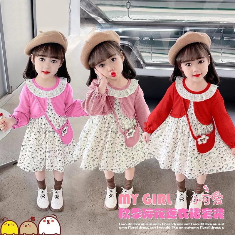 เดรสลายดอกไม้แขนยาวเด็ก1-4ขวบ