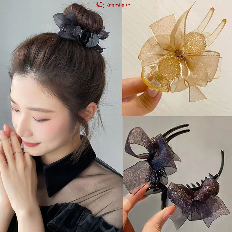 ส่งเร็วจากไทย กิ๊บหนีบผม กิ๊บหางม้าสูง โบว์กิ๊บดำผ้าไหม เลือกลายได้ ประดับเพชร ละเอียดอ่อน สไตล์เกาหลี สำหรับผู้หญิง-Kri