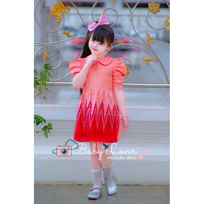 เดรสผ้าไทย ผ้าไทยทอเปลือกไม้สีโอรส (รหัส T028) ชุดไทยเด็ก Size : M-XL