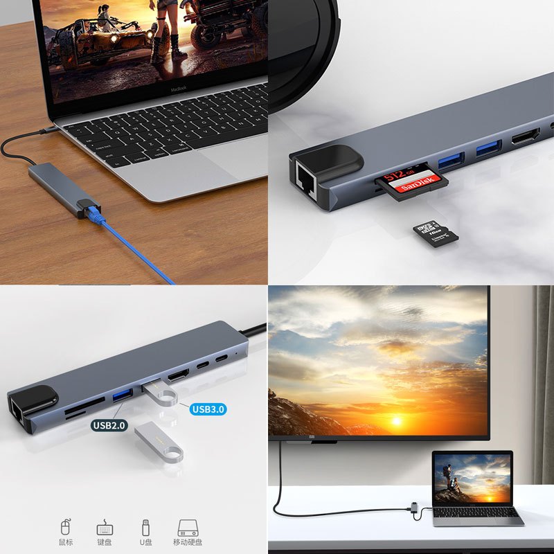อะแดปเตอร์ฮับ 7-in-1 Type C HUB เป็น USB 3.0 + USB + HDMI 4K + USB-c + PD100w + RJ 45 100Mbps + SD/TF USB C HUB 3.5 มม
