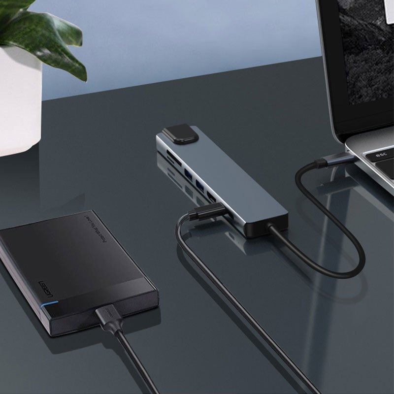 อะแดปเตอร์ฮับ 7-in-1 Type C HUB เป็น USB 3.0 + USB + HDMI 4K + USB-c + PD100w + RJ 45 100Mbps + SD/TF USB C HUB 3.5 มม
